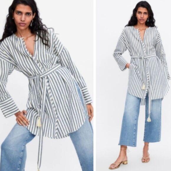 Zara White Blue Striped Button Down Tunic Shirt Long Sleeve Metallic Tassels XS - Picture 3 of 12